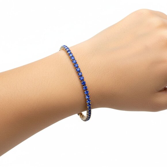 Vtg Gold Tone Blue Sapphire CZ Tennis Bracelet | Classic Glamour Delicate Estate - Picture 1 of 6
